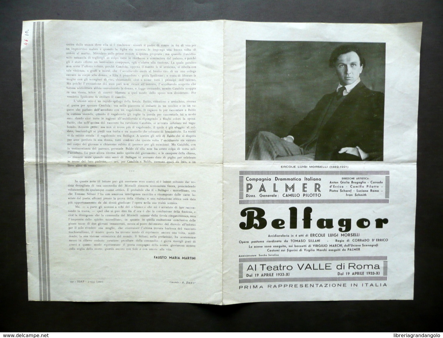 Programma Compagnia Drammatica Palmer Belfagor Morselli Marchi Teatro Valle 1933 - Non Classificati