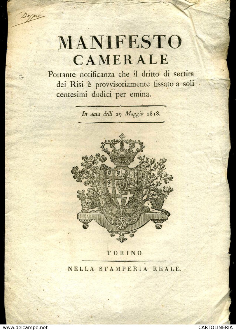 Regno Di Sardegna Decreto 1819 Pagine 4 Diritto Sortita Del Riso - Décrets & Lois