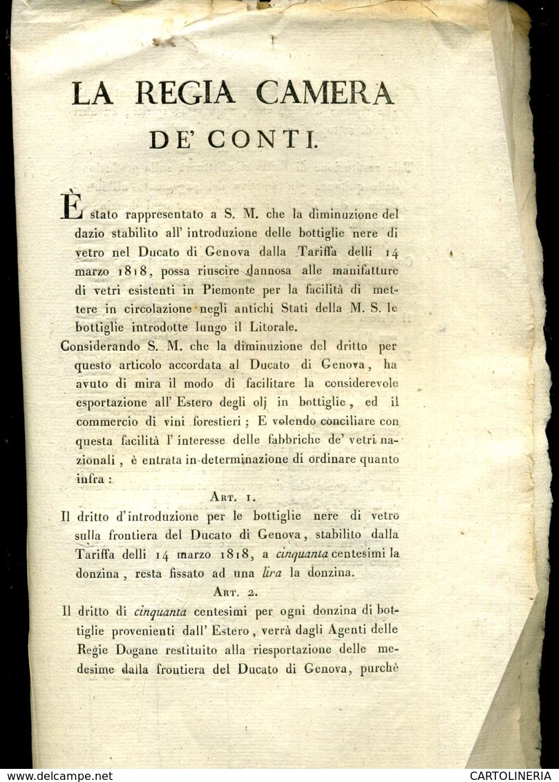 Regno Di Sardegna Decreto 1818 Pagine 4 Dazi E Dogane Bottiglie In Vetro - Decreti & Leggi