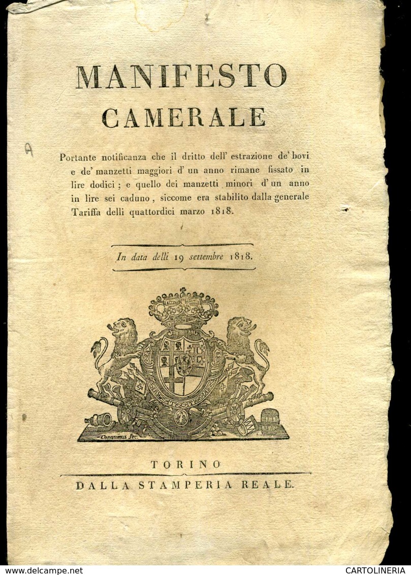 Regno Di Sardegna Decreto 1818 Pagine 4 Diritto Sortita Manzi E Bovini - Decreti & Leggi