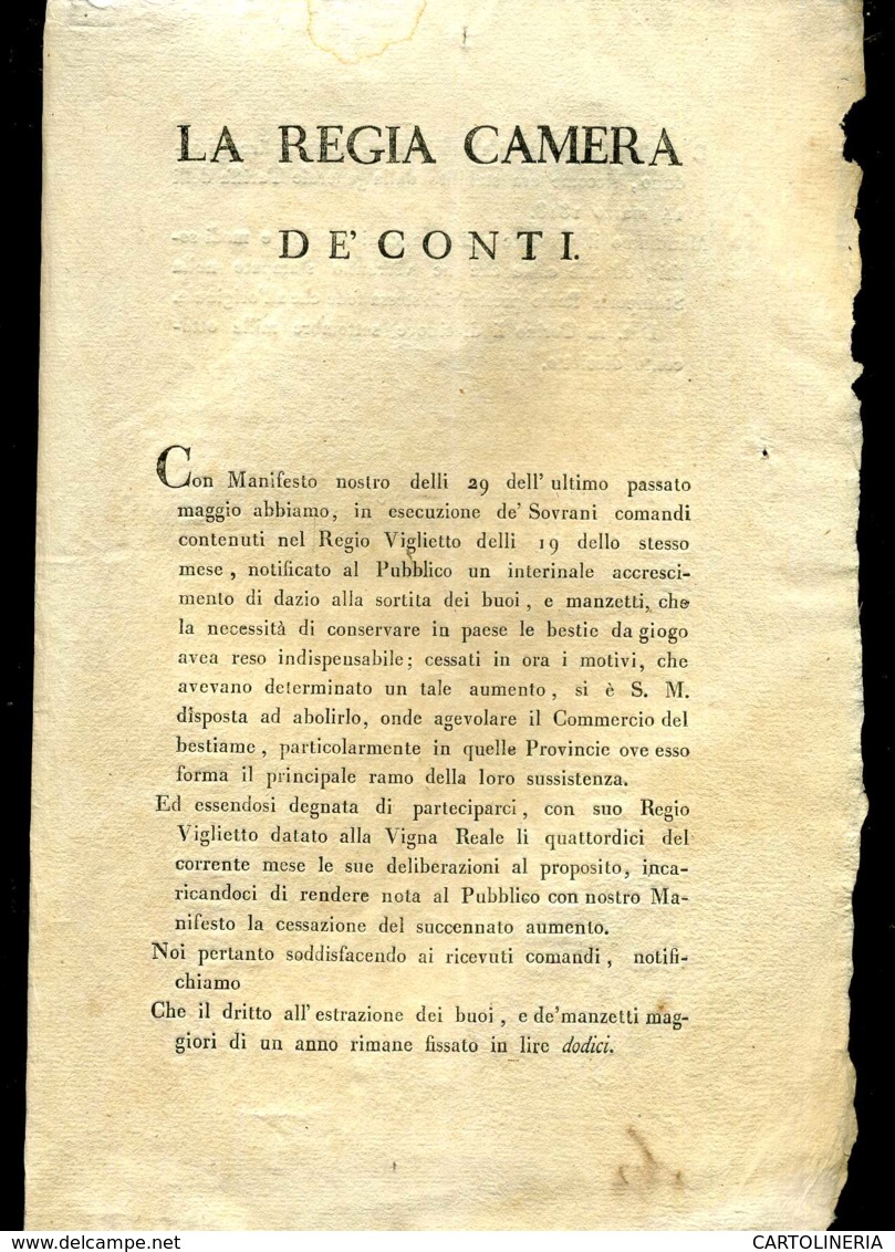 Regno Di Sardegna Decreto 1818 Pagine 4 Diritto Sortita Manzi E Bovini - Decreti & Leggi
