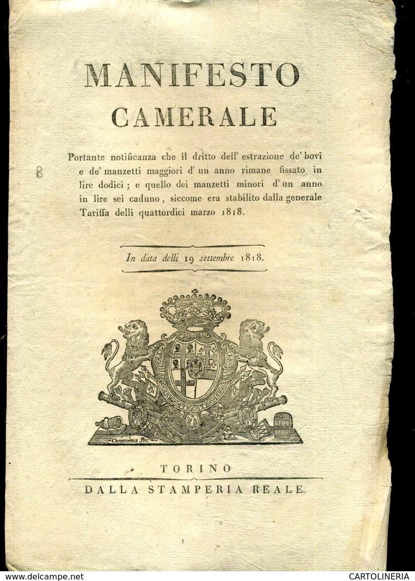 Regno Di Sardegna Decreto 1818 Pagine 4 Diritto Sortita Manzi E Bovini - Decreti & Leggi