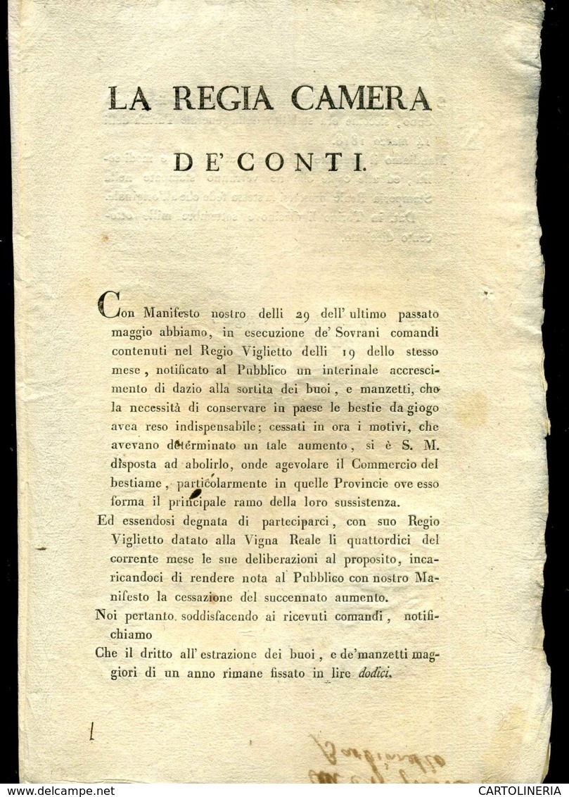 Regno Di Sardegna Decreto 1818 Pagine 4 Diritto Sortita Manzi E Bovini - Decreti & Leggi