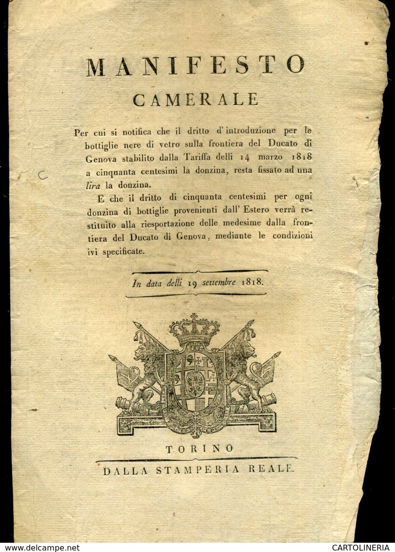 Regno Di Sardegna Decreto 1818 Pagine 4 Dazi E Dogane Bottiglie In Vetro - Decreti & Leggi