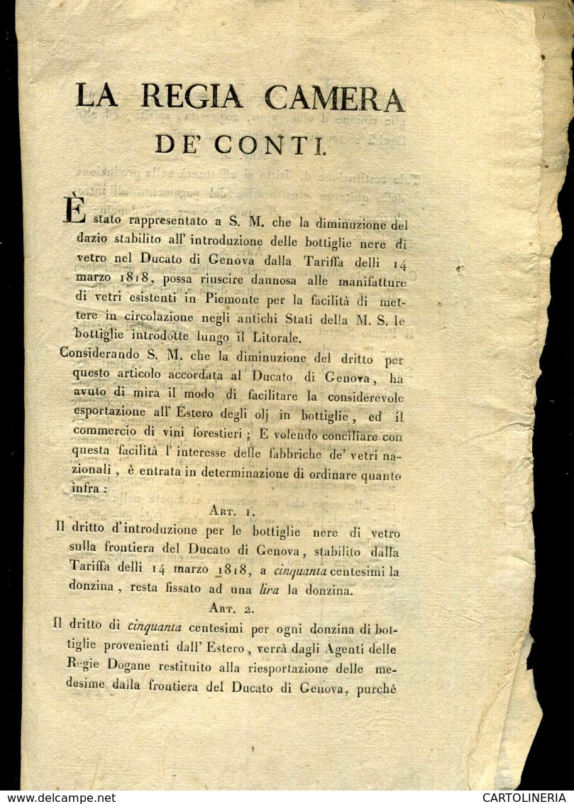 Regno Di Sardegna Decreto 1818 Pagine 4 Dazi E Dogane Bottiglie In Vetro - Decreti & Leggi