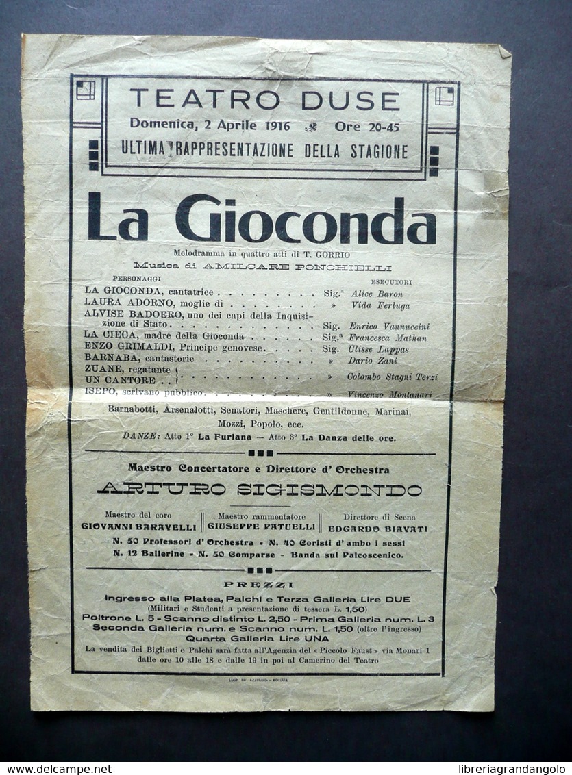 Foglio Volante Teatro Duse La Gioconda Melodramma Gorrio Ponchielli 1916 - Non Classificati