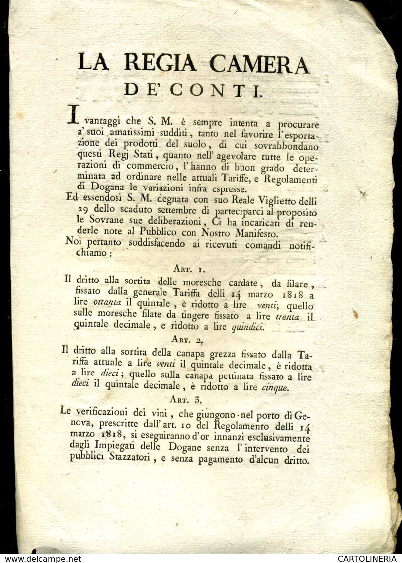 Regno Di Sardegna Decreto 1818 Pagine 4 Dazi E Dogane - Decreti & Leggi