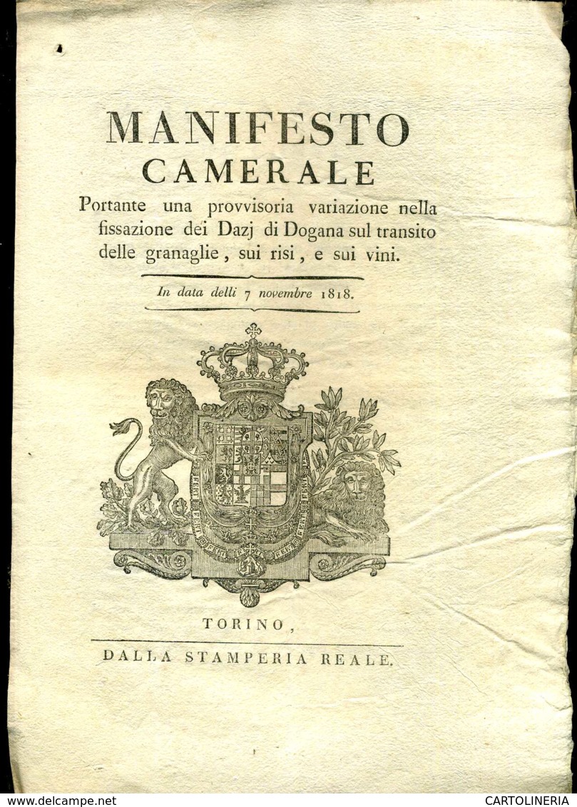 Regno Di Sardegna Decreto 1818 Pagine 4 Dazi Dogana Riso E Granaglie - Decreti & Leggi