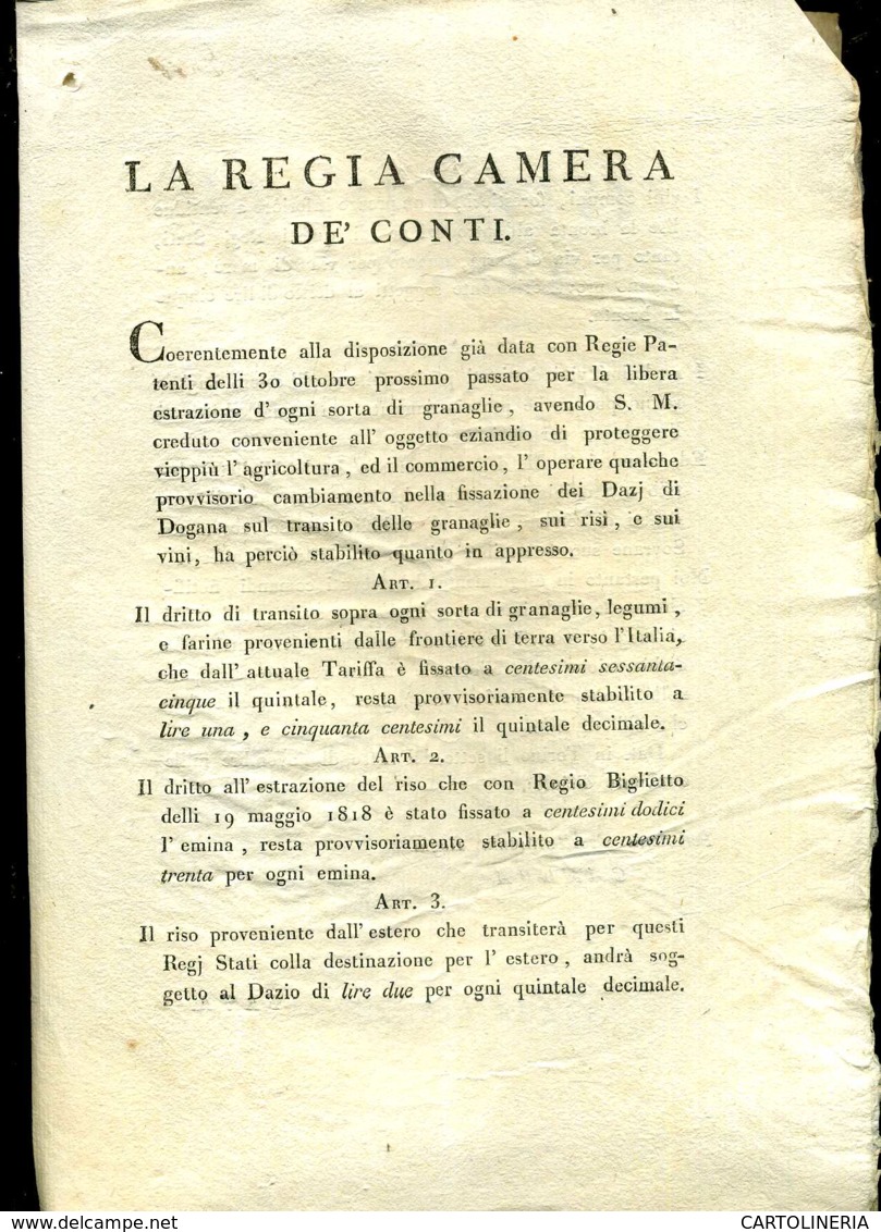 Regno Di Sardegna Decreto 1818 Pagine 4 Dazi Dogana Riso E Granaglie - Decreti & Leggi