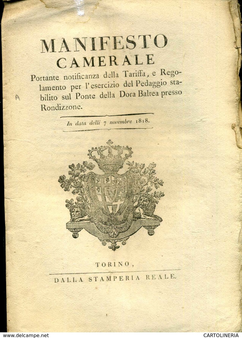 Regno Di Sardegna Decreto 1818 Pagine 8 Pedaggio Ponte Dora Baltea Rondizzone - Decreti & Leggi