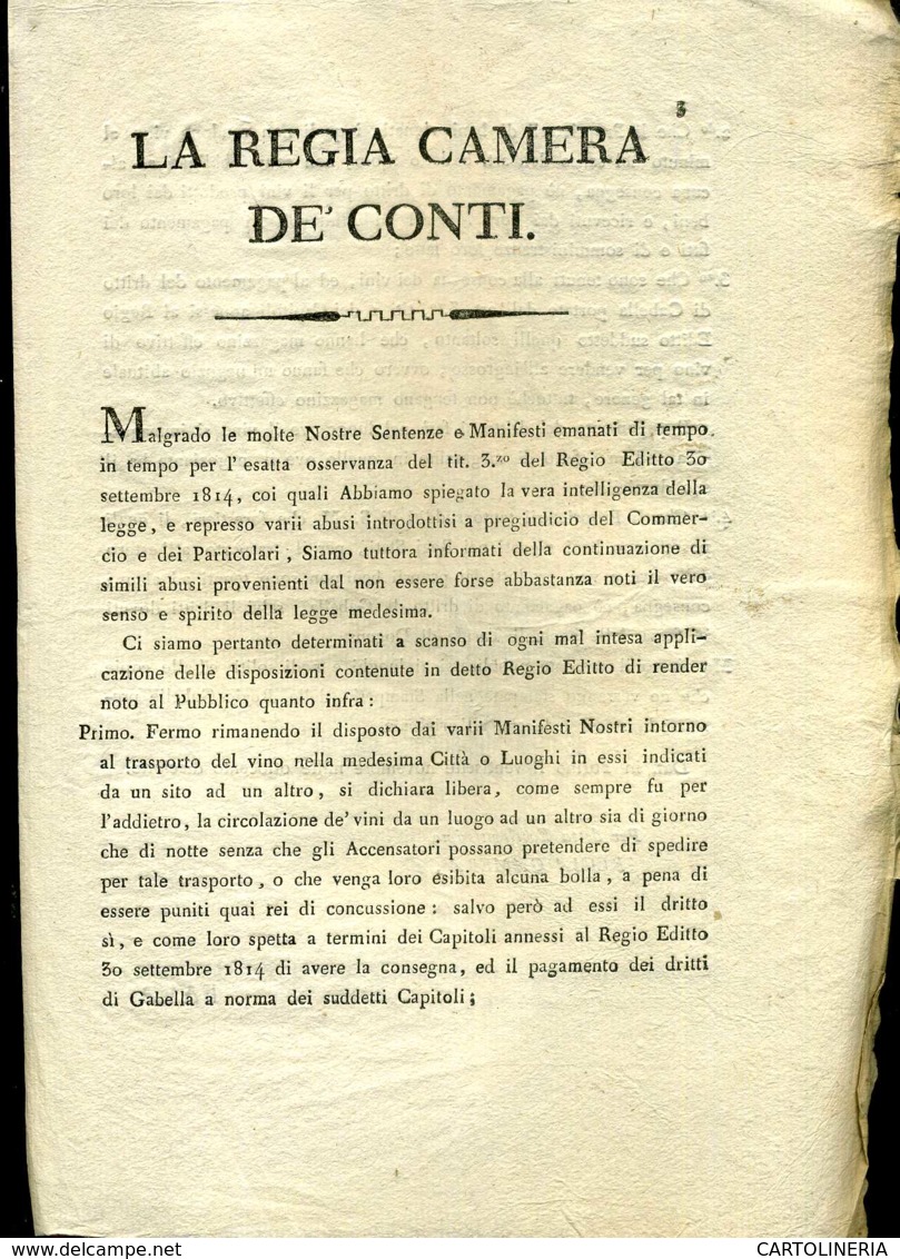 Regno Di Sardegna Decreto 1818 Pagine 4 Tasse Sul Vino - Decrees & Laws