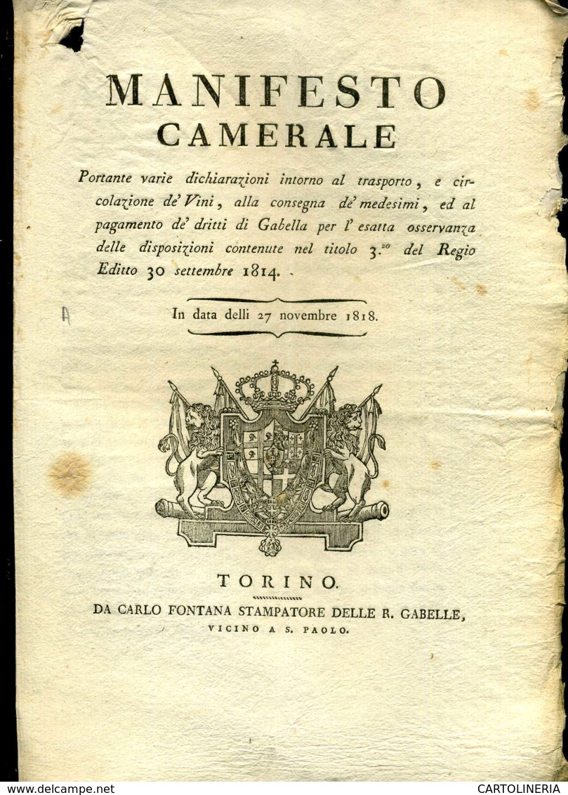 Regno Di Sardegna Decreto 1818 Pagine 4 Tasse Sul Vino - Decreti & Leggi