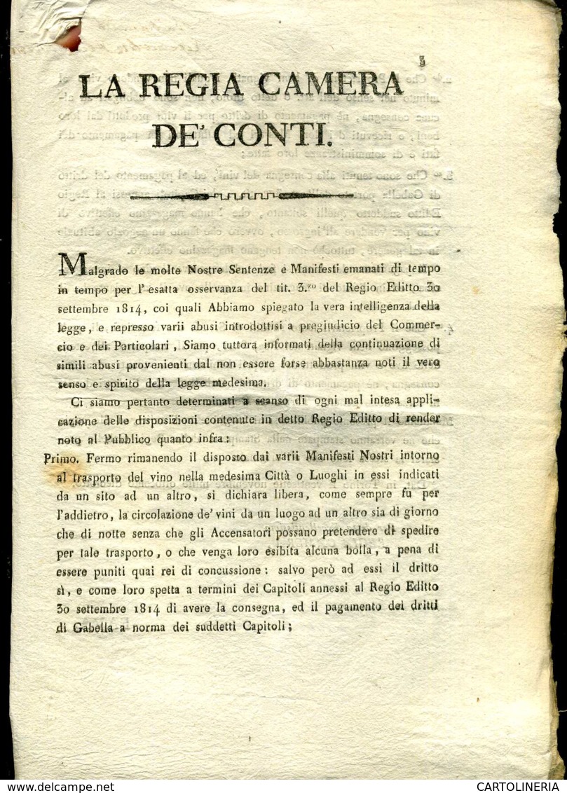 Regno Di Sardegna Decreto 1818 Pagine 4 Tasse Sul Vino - Decreti & Leggi