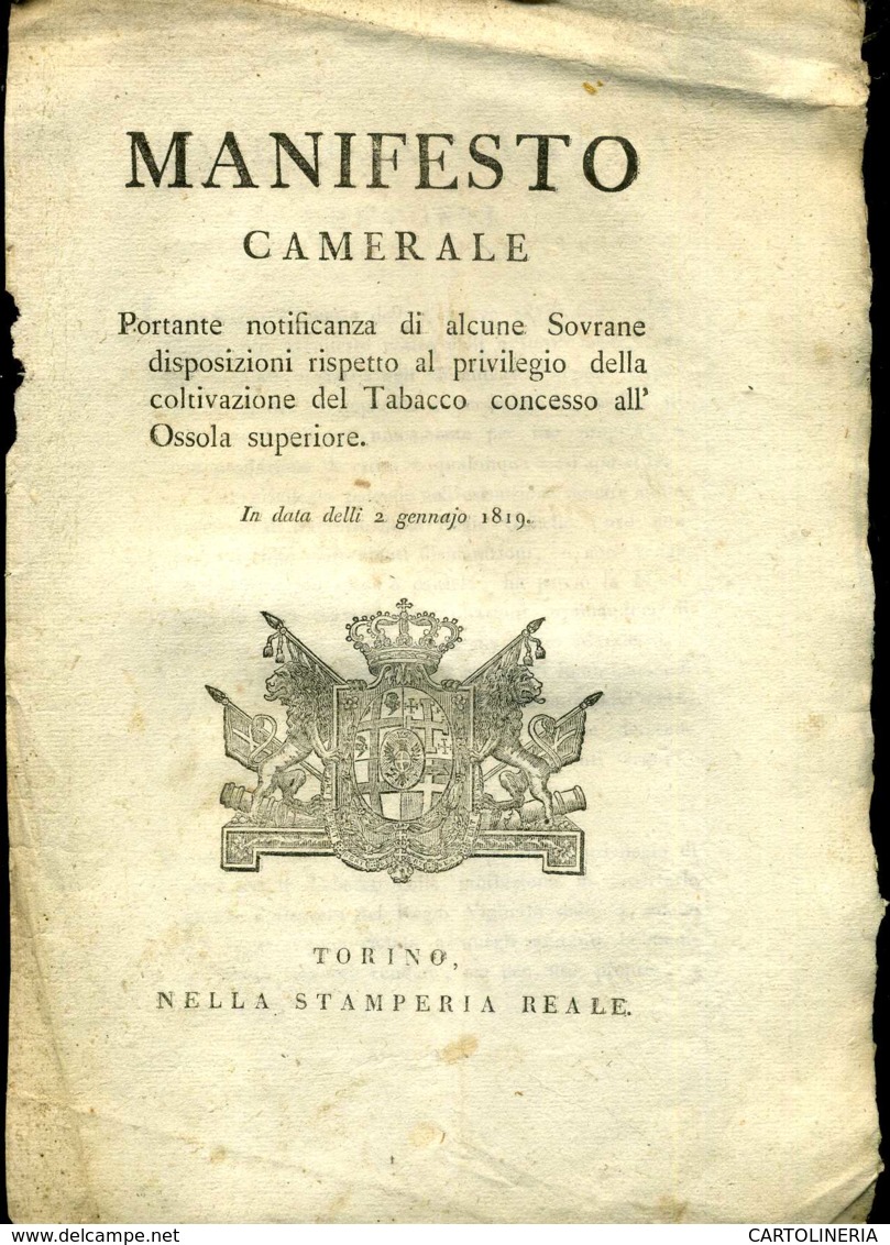 Regno Di Sardegna Decreto 1818 Pagine 4 Ossola Superiore Tabacco - Decreti & Leggi
