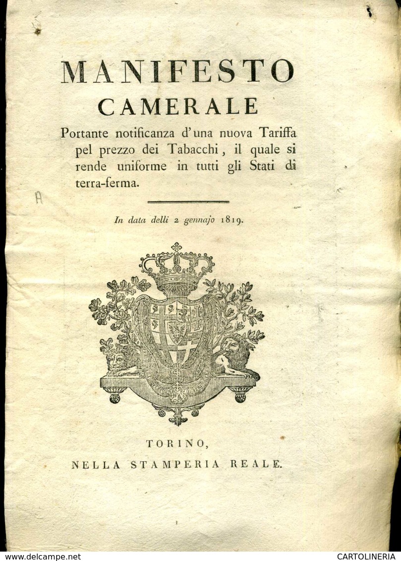 Regno Di Sardegna Decreto 1818 Pagine 4 Tariffe Del Tabacco - Decreti & Leggi