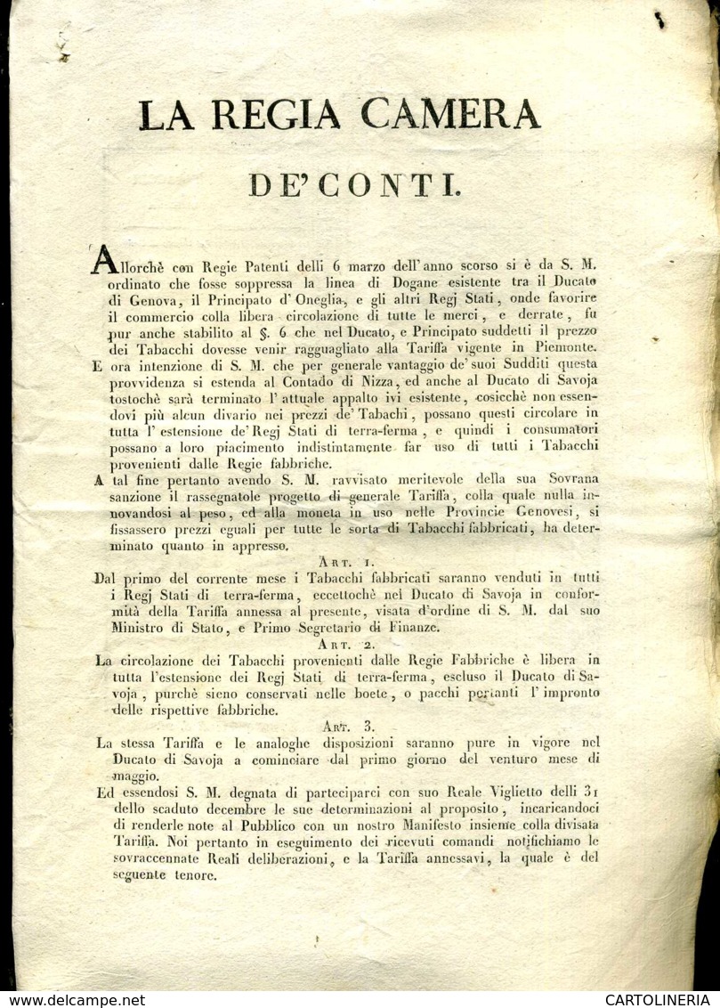 Regno Di Sardegna Decreto 1818 Pagine 4 Tariffe Del Tabacco - Decreti & Leggi