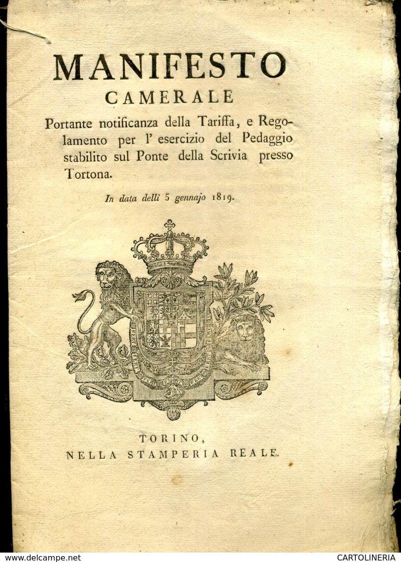 Regno Di Sardegna Decreto 1818 Pagine 10 Pedaggio Ponte Della Scrivia Tortona - Decreti & Leggi