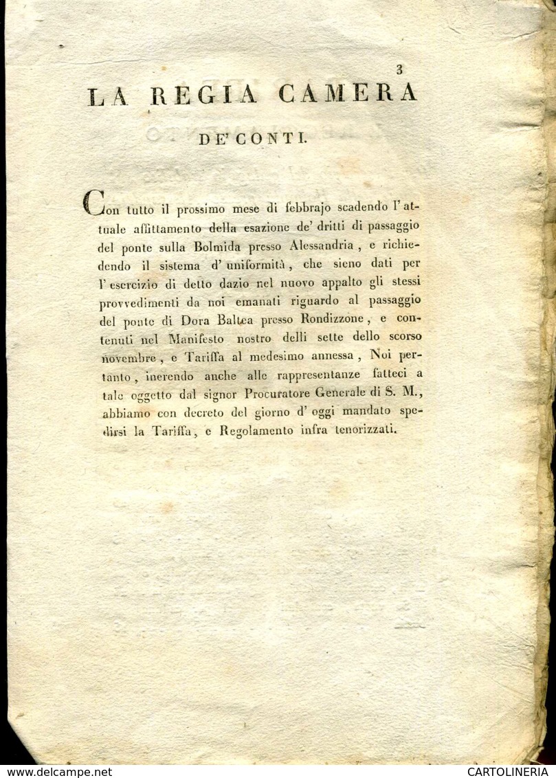 Regno Di Sardegna Decreto 1818 Pagine 10 Pedaggio Ponte Della Bolmida Alessandria - Decrees & Laws