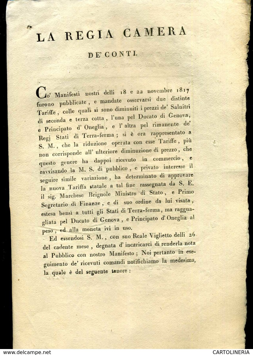 Regno Di Sardegna Decreto 1818 Pagine 4 Prezzo Dei Salnitri - Decreti & Leggi