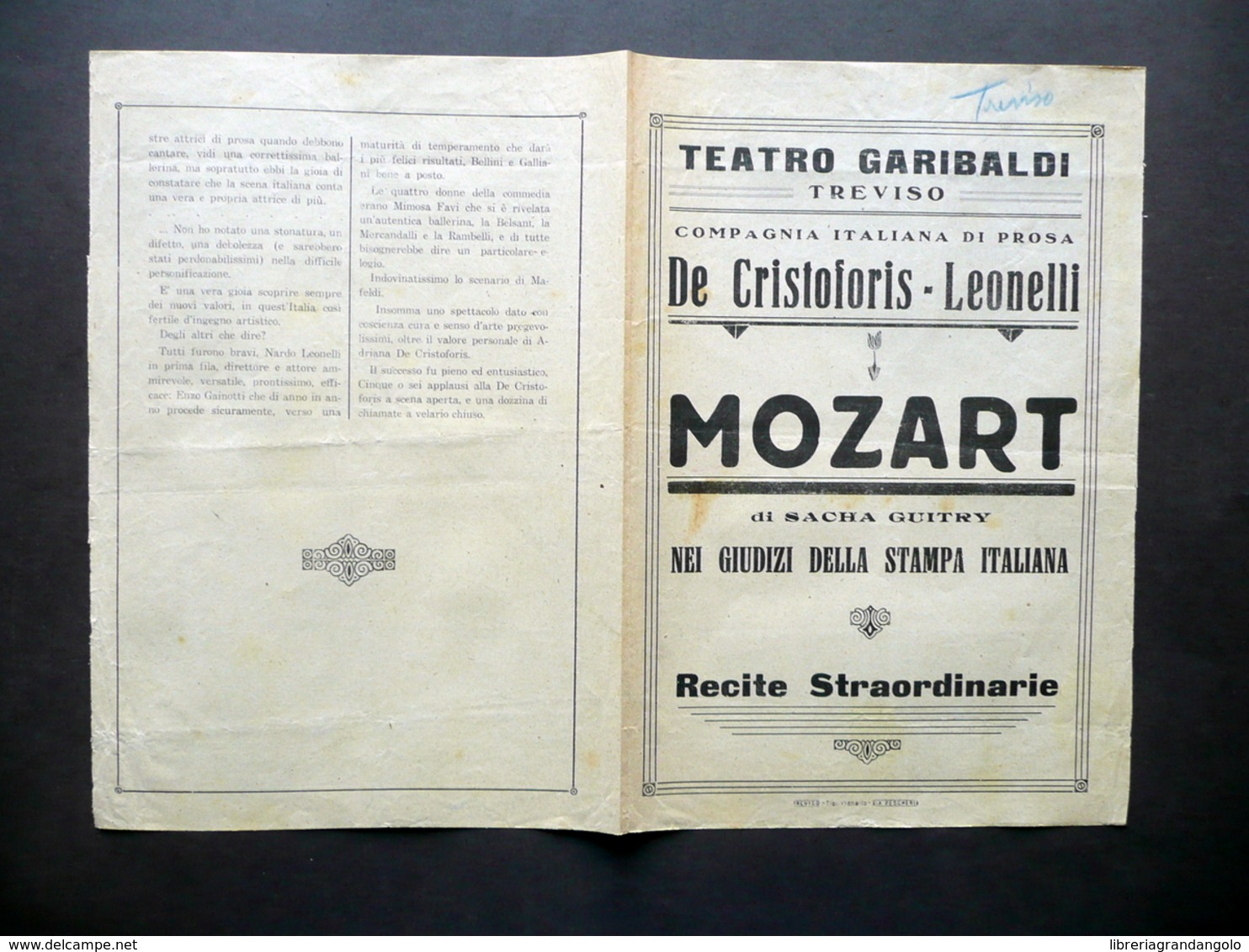 Teatro Garibaldi Treviso Compagnia De Cristoforis Leonelli Mozart Sacha Guitry - Non Classificati