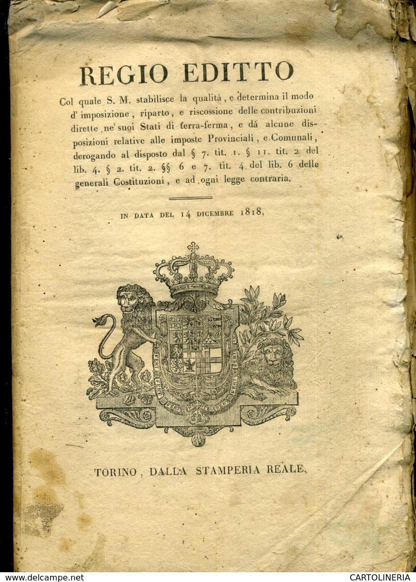 Regno Di Sardegna Decreto 1818 Pagine 32 Tasse Gabelle - Decreti & Leggi