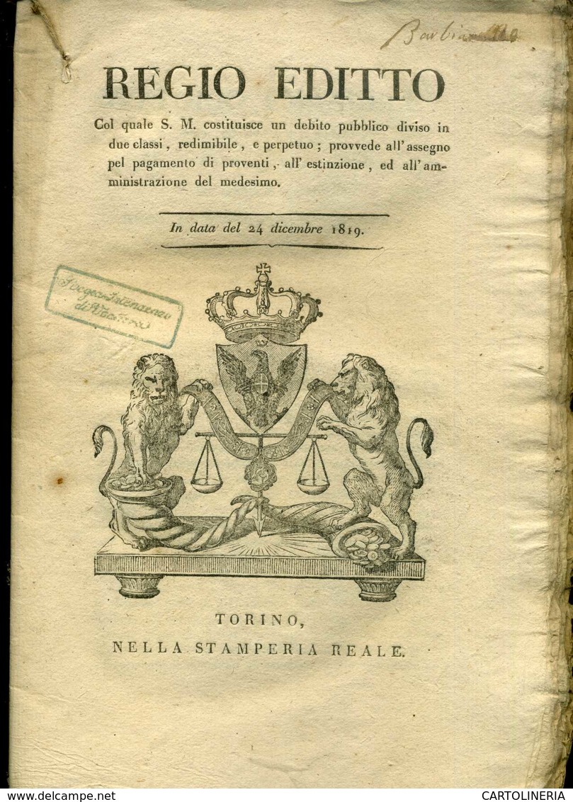 Regno Di Sardegna Decreto 1819 Pagine 36 Debito Piubblico - Decreti & Leggi