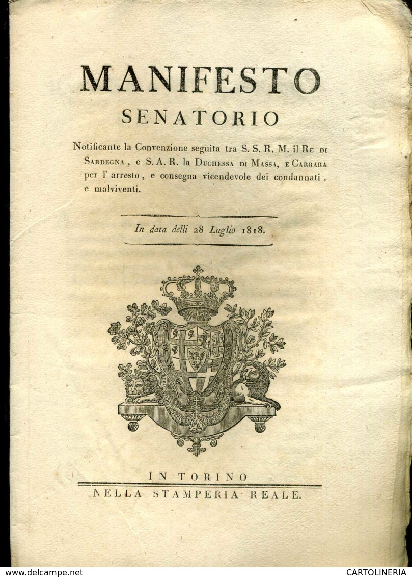 Regno Di Sardegna Decreto 1818 Pagine 8 Convenzione Duchessa Di Massa Carrara  Arresto Malviventi - Decreti & Leggi