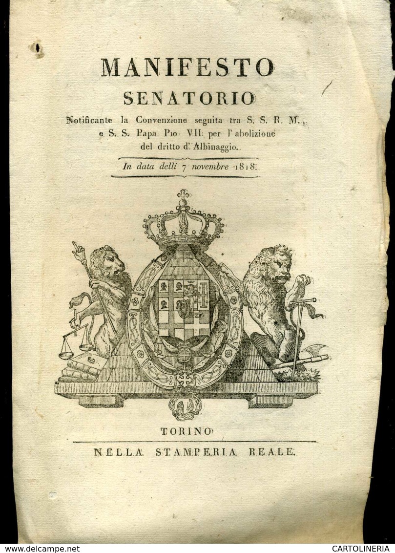 Regno Di Sardegna Decreto 1818 Pagine 4 Convenzione Chiesa Papa Pio VII - Decreti & Leggi