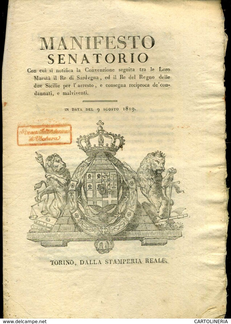 Regno Di Sardegna Decreto 1818 Pagine 8 Convenzione Regno Due Sicilie Arresto Malviventi - Decreti & Leggi