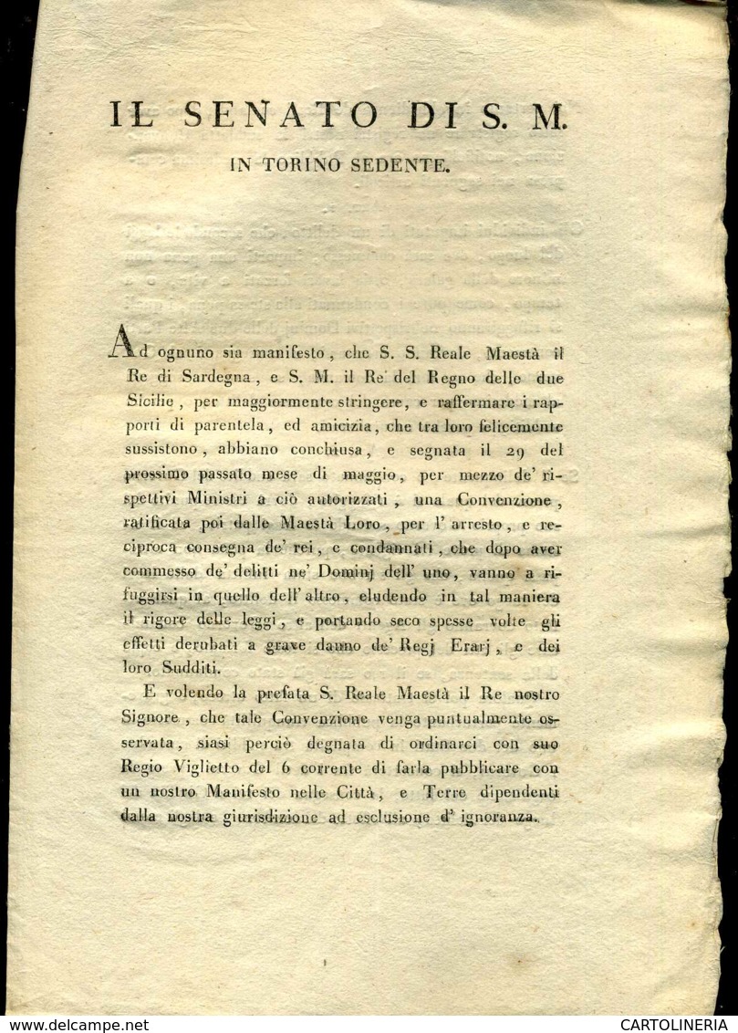 Regno Di Sardegna Decreto 1818 Pagine 8 Convenzione Regno Due Sicilie Arresto Malviventi - Decreti & Leggi