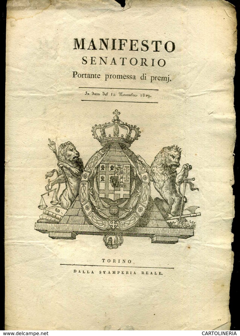 Regno Di Sardegna Decreto 1819 Pagine 4 Taglia Omicidio Carabiniere Torino - Gesetze & Erlasse