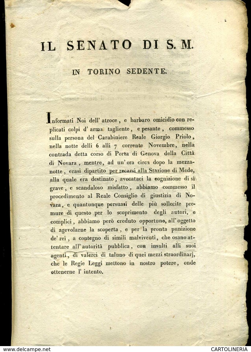 Regno Di Sardegna Decreto 1819 Pagine 4 Taglia Omicidio Carabiniere Torino - Decreti & Leggi