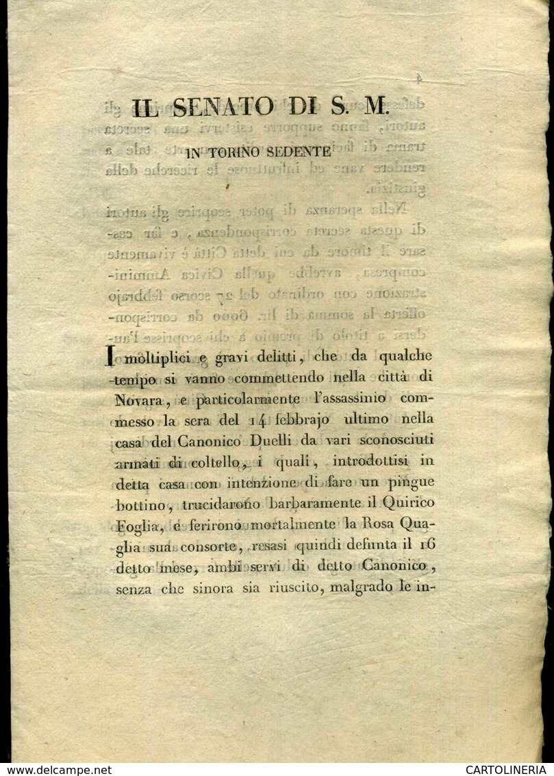 Regno Di Sardegna Decreto 1819 Pagine 8 Taglia Omicidio Canonico Duelli Torino - Decreti & Leggi