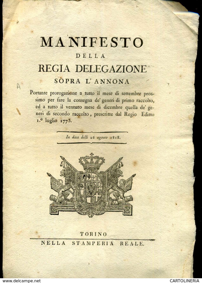 Regno Di Sardegna Decreto 1818 Pagine 4 Delegazione Dell' Annona Raccolto - Decreti & Leggi