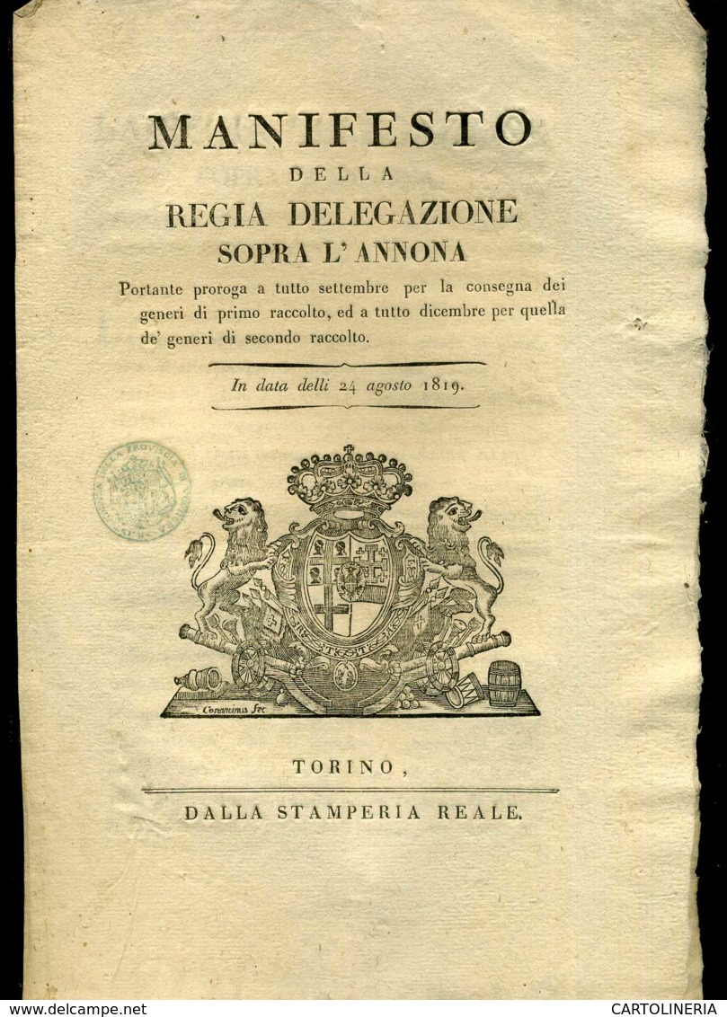 Regno Di Sardegna Decreto 1818 Pagine 4 Delegazione Dell' Annona Raccolto - Decreti & Leggi