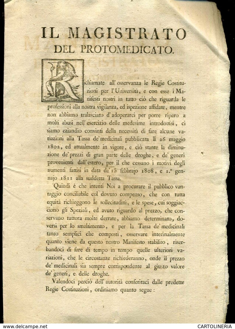 Regno Di Sardegna Decreto 1815 Medicina Farmaceutica Portomedicato 12 Pagine - Decreti & Leggi