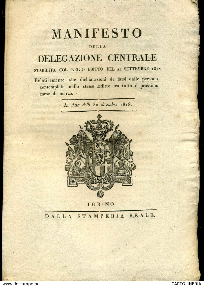 Regno Di Sardegna Decreto 1818 Delegazione Centrale 8 Pagine - Decreti & Leggi