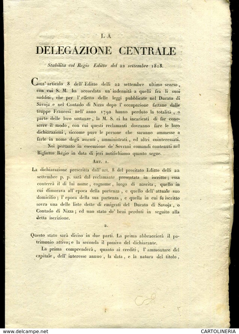 Regno Di Sardegna Decreto 1818 Delegazione Centrale 8 Pagine - Decreti & Leggi