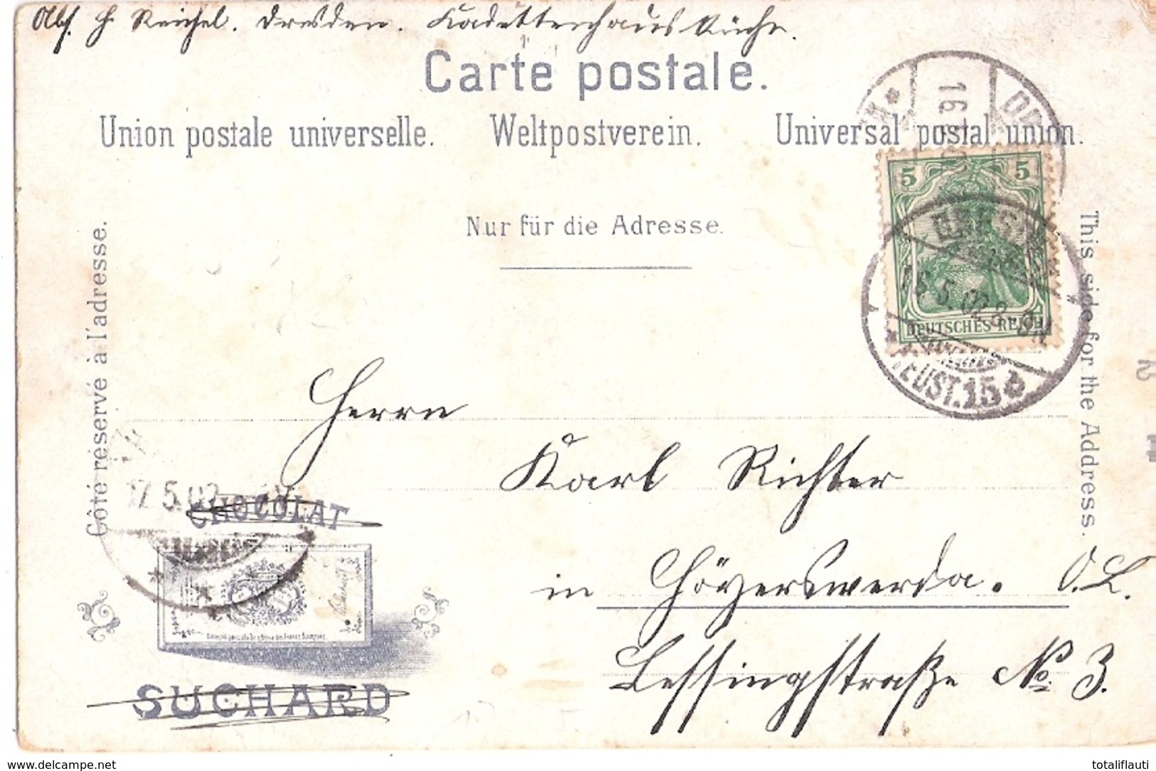 Großherzogtum Mecklenburg STRELITZ CACAO SUCHARD Reklame Neustrelitz 16.5.1902 Gelaufen - Neustrelitz