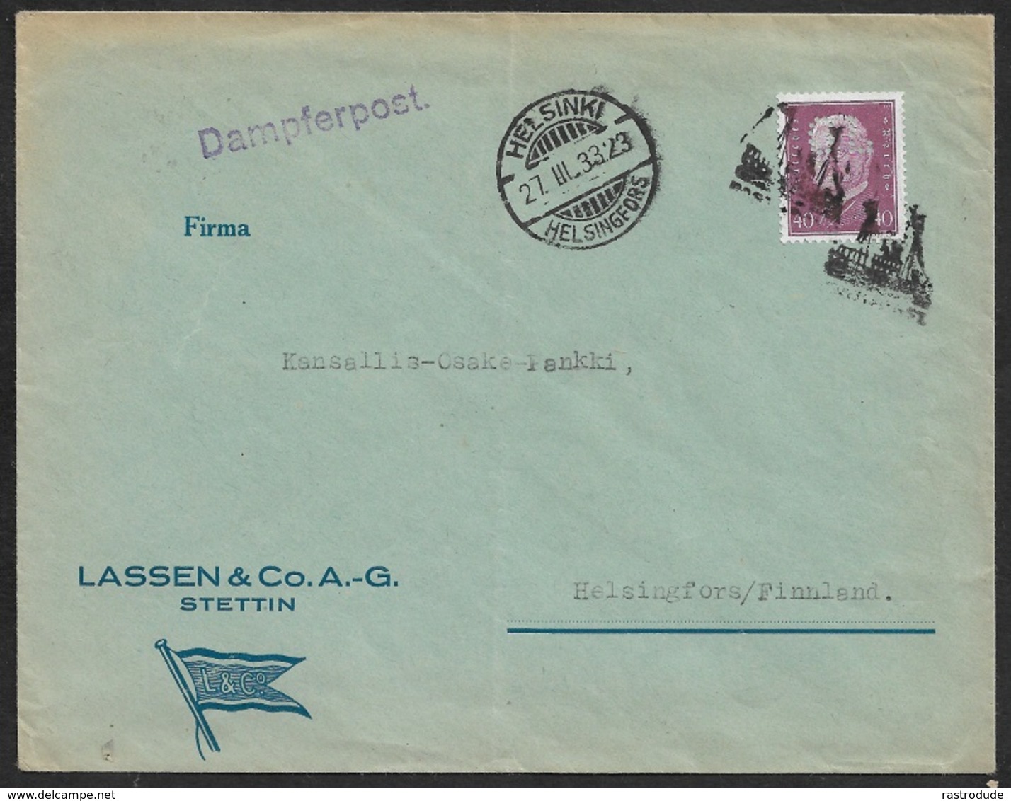 1933 DR  SEEPOST - DAMPFERPOST - Stpl DAMPFERPOST STETTIN Nach HELSINGSFOR - Briefe U. Dokumente