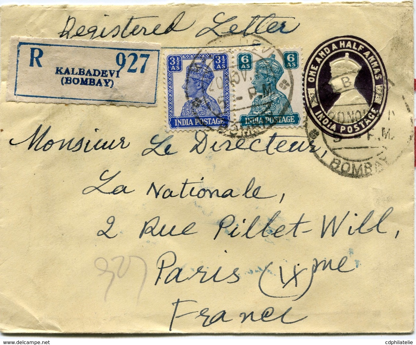 INDE ANGLAISE ENTIER POSTAL RECOMMANDE AVEC COMPLEMENT D'AFFRANCHISSEMENT DEPART KALBADEVI (BOMBAY) 20 NOV 4? POUR...... - 1936-47 Roi Georges VI