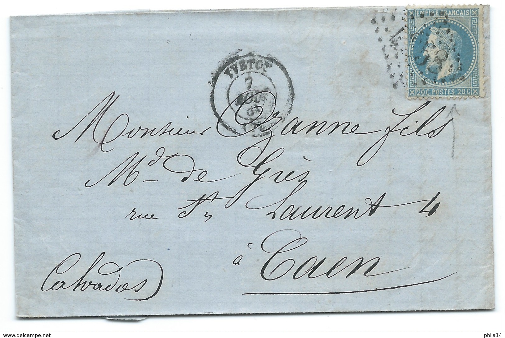 N°29 BLEU NAPOLEON SUR LETTRE / YVETOT POUR CAEN - 1849-1876: Période Classique