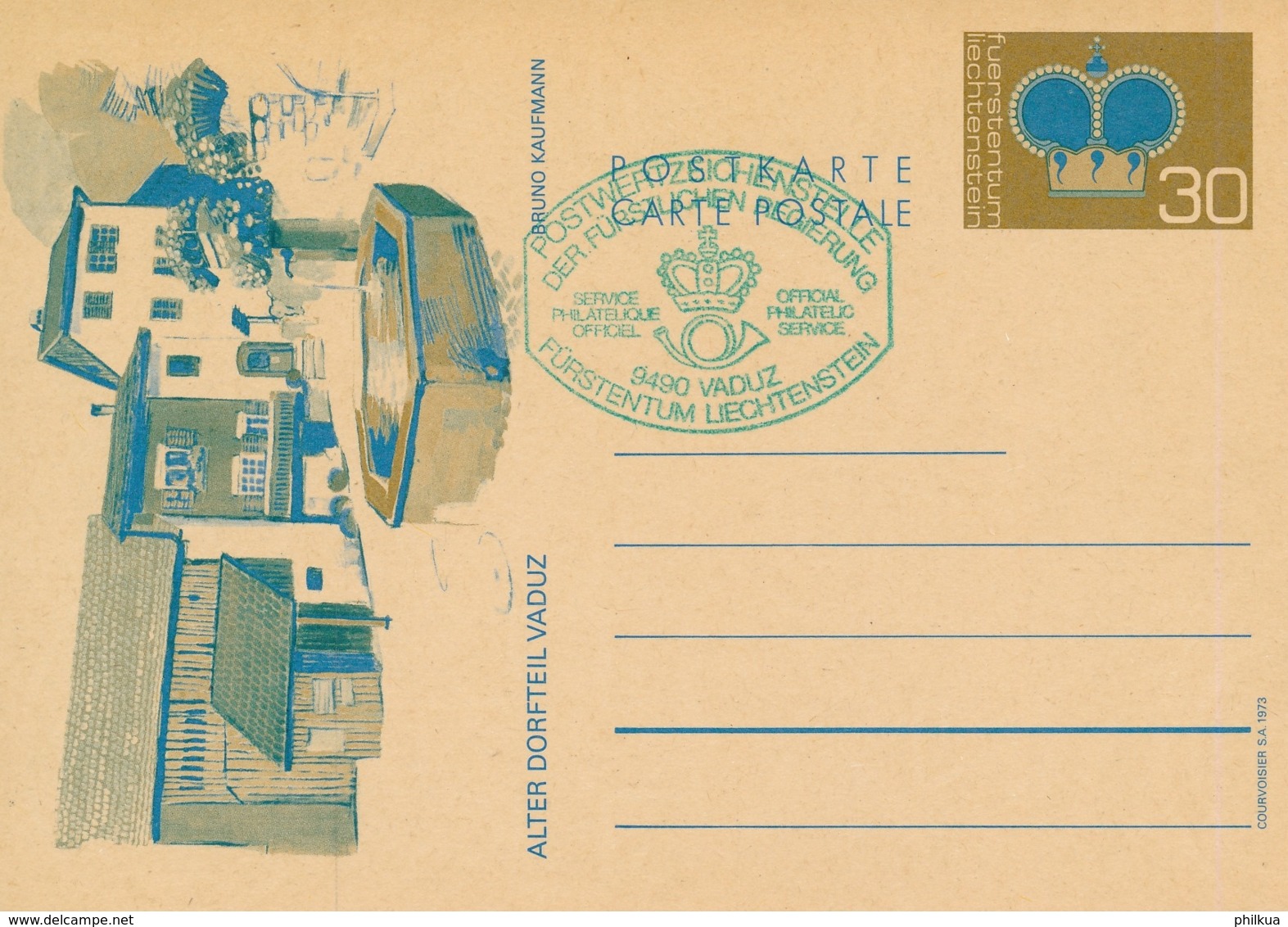 Michel P77 Bildpostkarte Alter Dorfteil Von Vaduz - Grüner Zusatzstempel Official Philatelic Service - Interi Postali