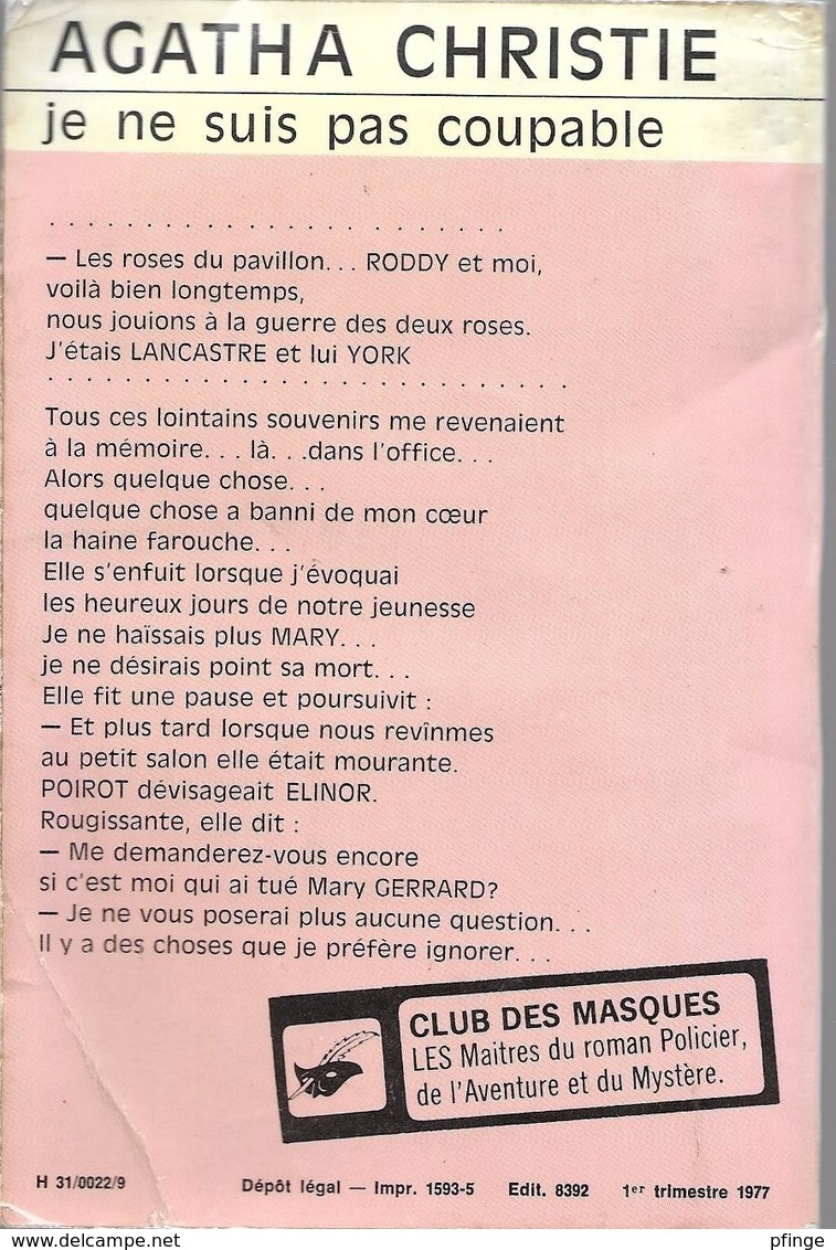 Je Ne Suis Pas Coupable Par Agatha Christie - Club Des Masques N°22, 1977 - Club Des Masques