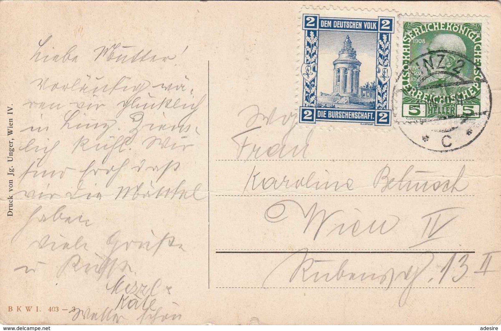 LINZ A.d.Donau, Künstlerkarte, Burschenschaftsmarke 1915? - Linz