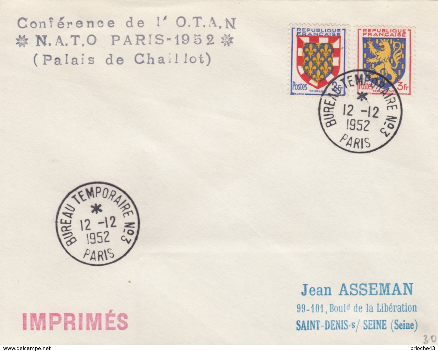 FRANCE - LETTRE IMPRIMES  CACHET BUREAU TEMPORAIRE N°3 PARIS 12.12.1952 - Yv N°902- 903 /1 - 1921-1960: Periodo Moderno