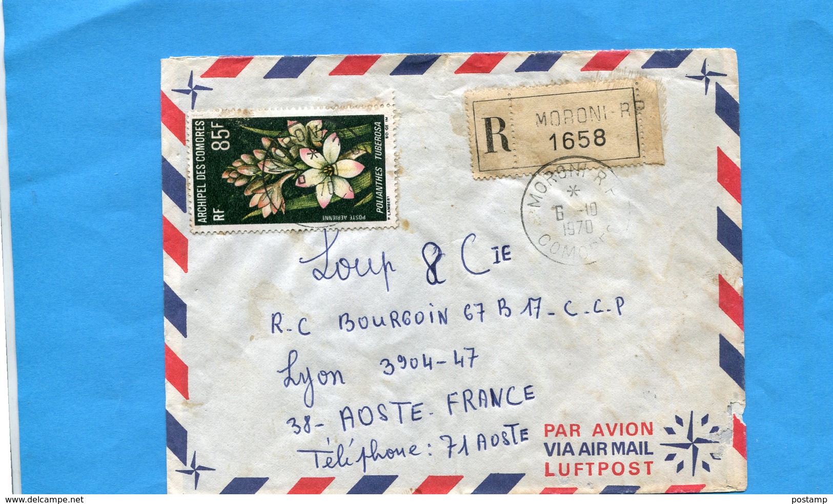 MARCOPHILIE-COMORES-Lettre REC>Françe Cad Moroni-1970 -stamp N°A 27 FLEUR FLOWER-POLIANTHES TUBEROSA - Briefe U. Dokumente