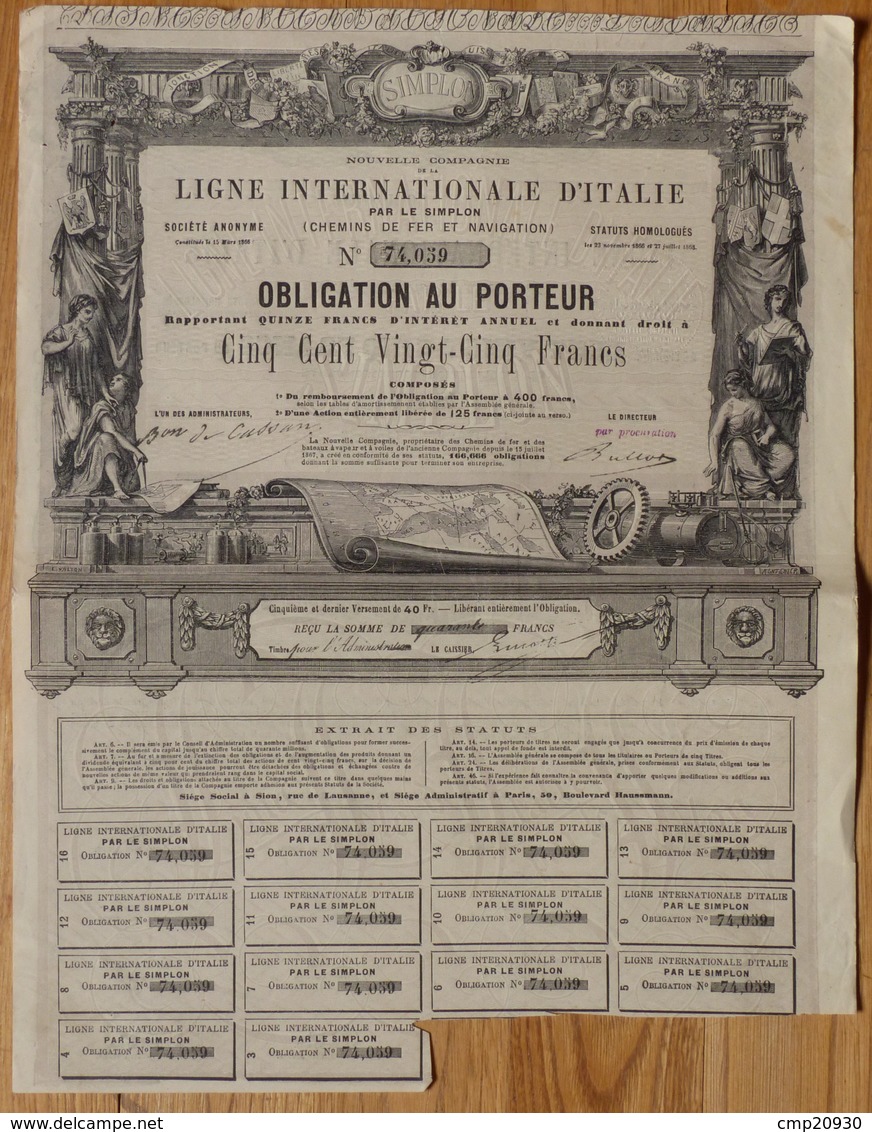 Ligne Internationale D'Italie Par Le Simplon - Obligation 525 F - 1868 (N°75059) - Chemin De Fer & Tramway