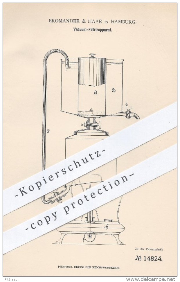 Original Patent - Bromander & Haar In Hamburg , 1881 , Vakuum - Filtrierapparat | Filtration , Filter , Wasser , Brenner - Historische Dokumente