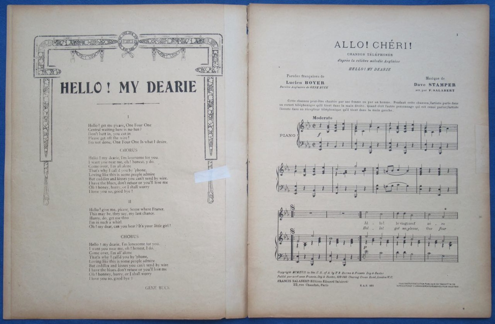 CAF CONC PIANO GF CHANT REVUE PARTITION ALLO CHÉRI GABY DESLYS HARRY PILCER STAMPER BOYER 1917 HELLO MY DEARIE DALBRET - Autres & Non Classés